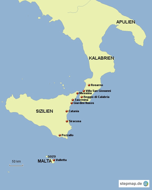 Karte Anreise Malta durch Sditalien